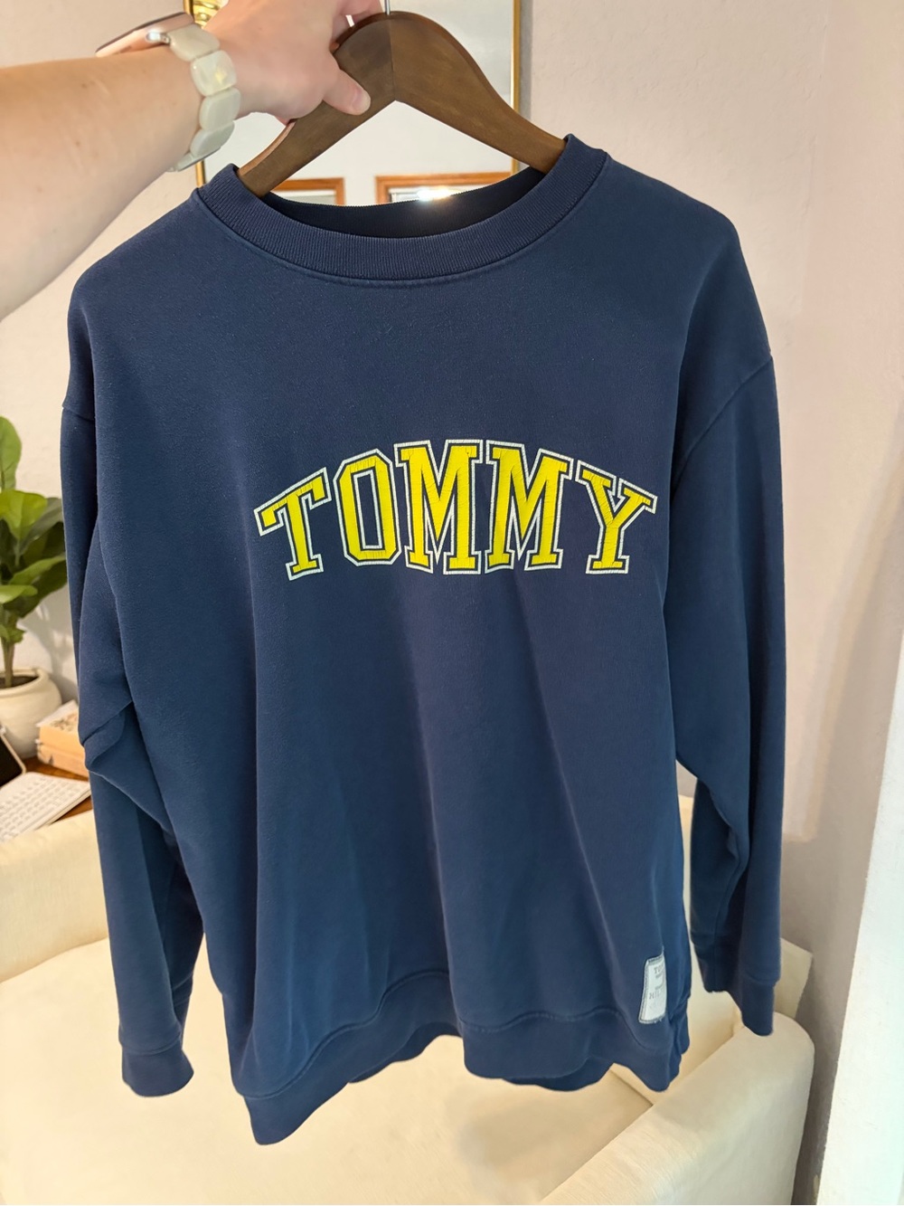 Vintage Tommy Navy Crewneck Sweater with Yellow Logo
